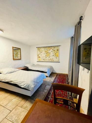 a bedroom with two beds and a tv in it at Helles Zweibettzimmer Nahe Magdeburg in Barleben