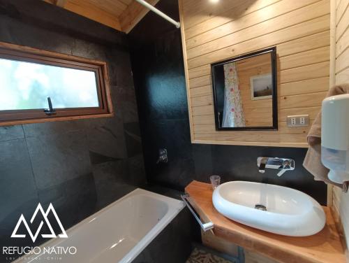 a bathroom with a sink and a tub and a mirror at Refugio Nativo in Nevados de Chillan