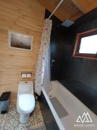 a bathroom with a toilet and a bath tub at Refugio Nativo in Nevados de Chillan