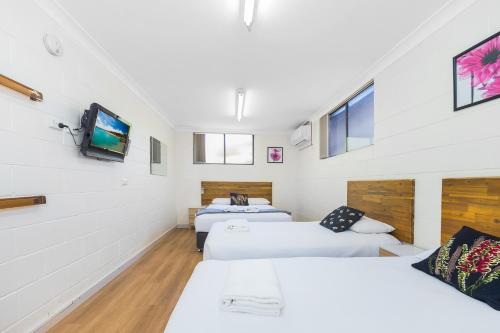 a room with two beds and a tv on the wall at Plainsman Motel in Forbes