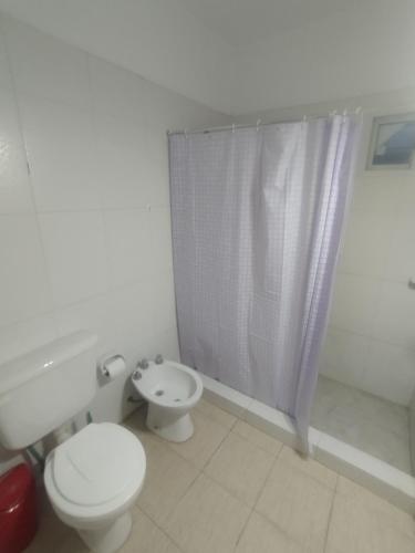 a white bathroom with a toilet and a shower at Departamentos Mora in General Alvear