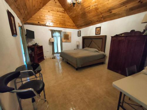 1 dormitorio con cama y techo de madera en Cabaña SAN AGUSTÍN en Xilitla