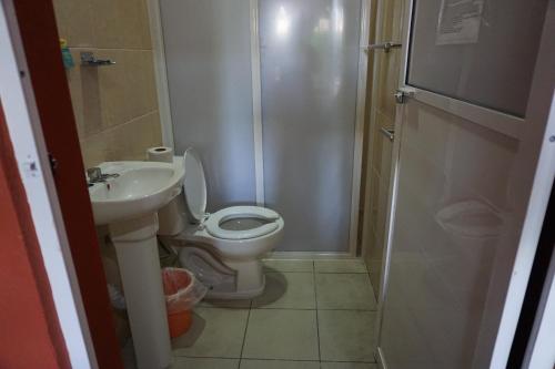 a bathroom with a toilet and a sink and a shower at Velaria in Chachalacas