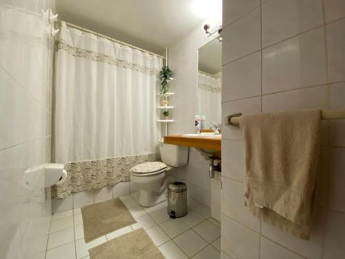 Baño blanco con aseo y lavamanos en Céntrico Depto 2 habitaciones en Pto Montt con estacionamiento, en Puerto Montt