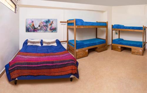 1 Schlafzimmer mit 2 Etagenbetten und blauer Bettwäsche in der Unterkunft HOSTEL PUNTO RAMIREZ in Salta
