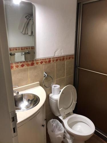 a small bathroom with a toilet and a sink at bungalow hotel dollar in Punta del Este