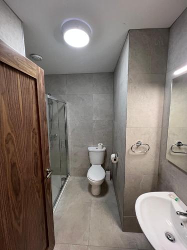 y baño con aseo, lavabo y ducha. en No. 8 Ceide Spris Self Catering House en Killarney