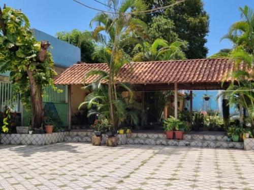 a house with a pavilion with palm trees in front of it at Casa Temporada Caribe de Alter in Alter do Chao