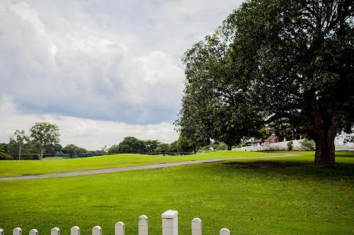 a white picket fence in a green field with a tree at Orchard Tiny Home - Golf Course Pet Friendly Lot in Baluctot