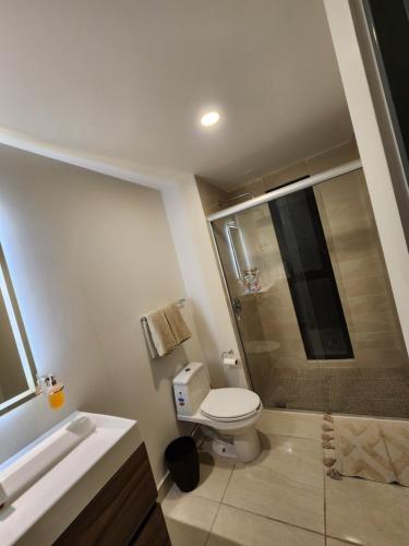 uma casa de banho com um WC, um lavatório e um chuveiro em departamento hermosa vista y a 7 minutos del auditorio telmex em Guadalajara