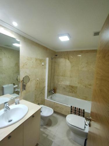 ein Badezimmer mit einem Waschbecken, einem WC und einer Badewanne in der Unterkunft Apartamento Pontevedra centro HOMYHOME II in Pontevedra