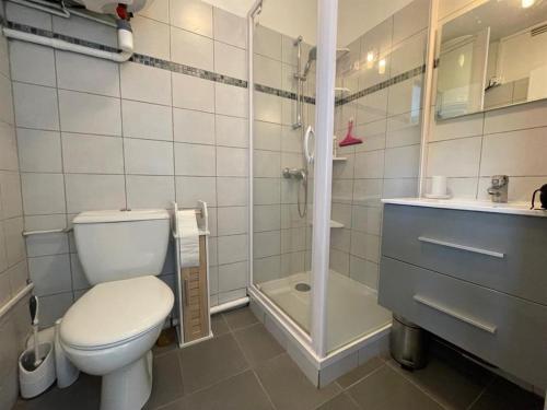 une salle de bain avec toilettes, douche et lavabo dans l'établissement Studio Climatisé ⭐⭐ à Proximité de l'Étang et des Thermes, avec Balcon et Wifi Gratuit - FR-1-503-145, à Balaruc-les-Bains