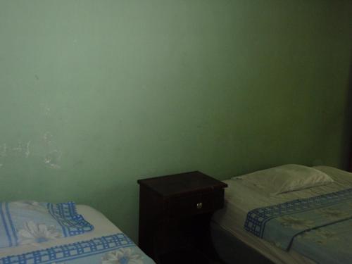 a green room with two beds and a night stand at Guest house Posada Ixchel in El Remate