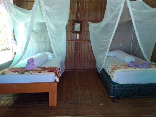 twee bedden in een kamer met gordijnen bij Yenbainus homestay in Yennanas Besir