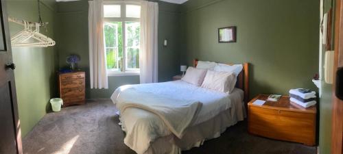 Dormitorio verde con cama y ventana en Okato Homestay, en Okato