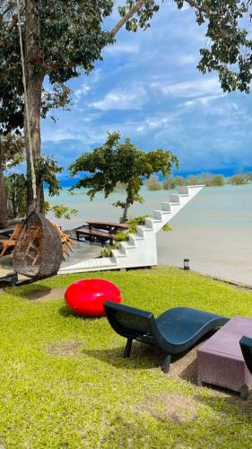 a bench and a frisbee on the grass near the water at Blue Orchid Beach Krabi - SHA Certified in Ao Nam Mao