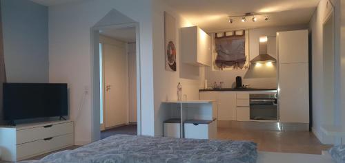 a bedroom with a bed and a television and a kitchen at Ferienwohnung am Bodensee mit Seesicht und Terrasse in Rorschacherberg