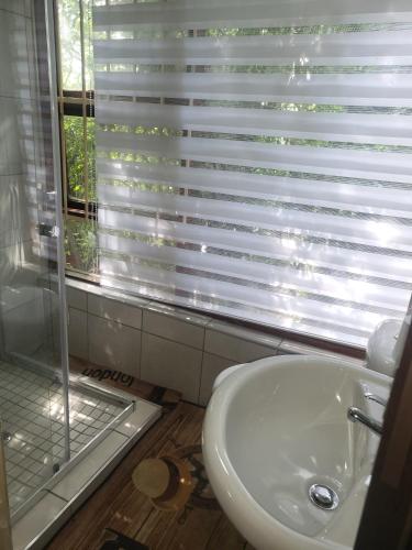 a bathroom with a sink and a shower and a window at ALBATROSSWAYS LODGE in Sandton