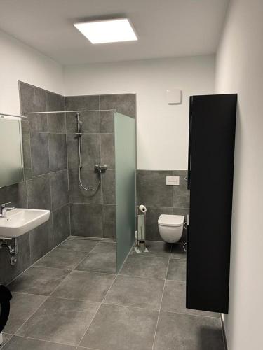 a bathroom with a shower and a toilet and a sink at Ferienhof Elbaue in Schönebeck