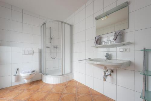 a bathroom with a shower and a sink and a toilet at Chalet Georg in Kaprun