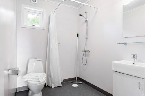 a white bathroom with a shower and a toilet at First Camp Nydala-Umeå in Umeå