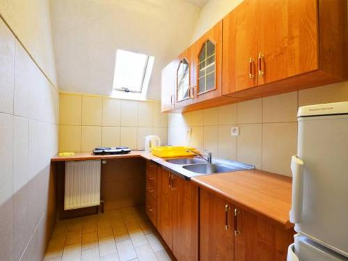 a small kitchen with wooden cabinets and a sink at Villa Mariano in Piechowice