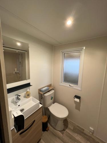 une salle de bain avec toilettes, lavabo et fenêtre dans l'établissement Mobil Home Bleu ‘n’ Blue, à Canet