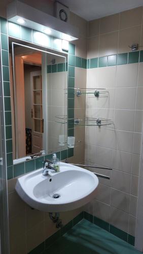 een badkamer met een wastafel en een spiegel bij Family Apartman in Gyula