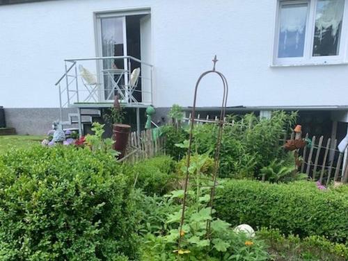 un jardin en face d'une maison blanche dans l'établissement Ferienwohnungen Lemma, à Möhnesee