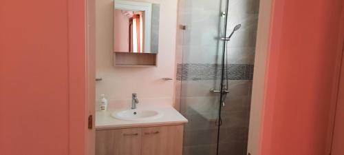 a bathroom with a sink and a shower at Ocean view in Discovery Bay