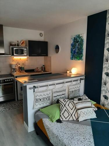 un salon avec un canapé et une cuisine dans l'établissement Appartement T1 Hyper Centre avec Balcon, à Bordeaux