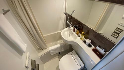 een badkamer met een wastafel, een toilet en een spiegel bij HOTEL LiVEMAX Kamata Ekimae in Tokyo