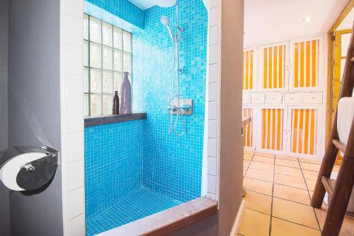 a bathroom with a shower with blue tiles at Ca na Tinta in Algaida