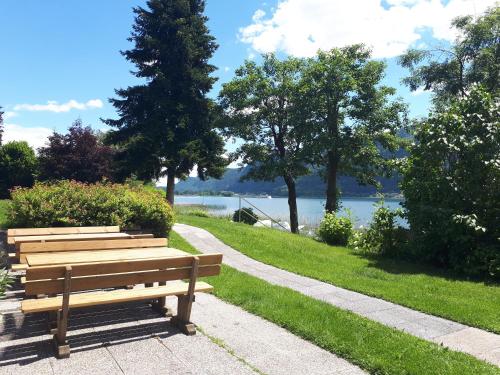 a park bench with a view of a lake at ANNA Seeblick Appartement, Haus Hänsel&Gretel am Ossiachersee mit direktem Seezugang, Hallenbad in Bodensdorf