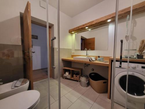 a bathroom with a sink and a washing machine at Appartements Krautgasser in San Candido