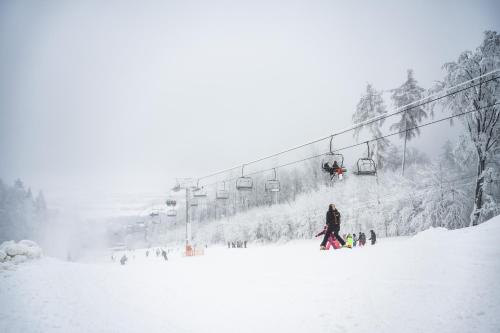 a group of people on a ski lift in the snow at Hotel Monínec - Depandance Nová Javorka in Moninec