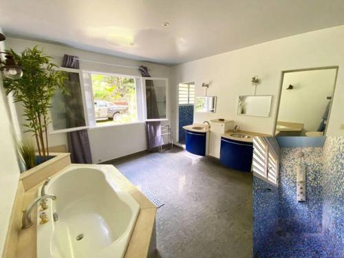 un ampio bagno con vasca, 2 lavandini e specchio di Villa Trésor Péi - Mon îlet a La Possession