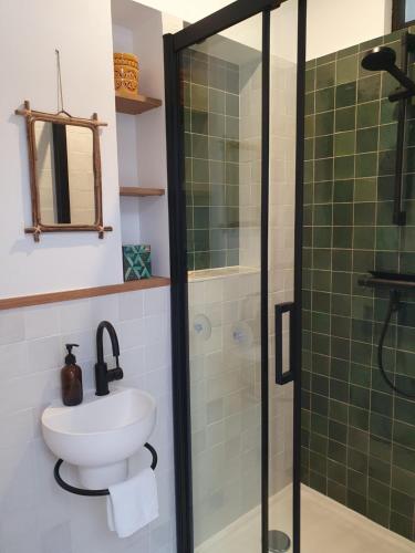 La salle de bains est pourvue d'une douche, de toilettes et d'un lavabo. dans l'établissement Chambre d'hôtes confort et charme Paris 9eme, à Paris