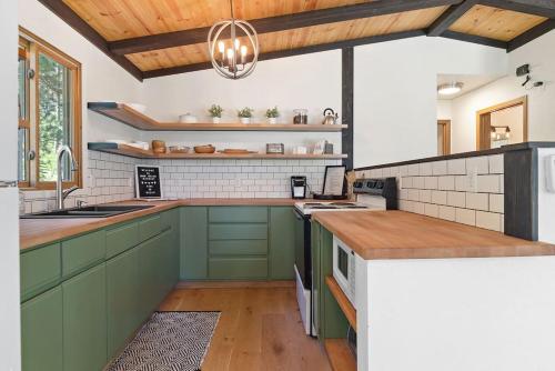 a kitchen with green cabinets and a wooden ceiling at Nature Stay with Views Like No Where Else in Custer