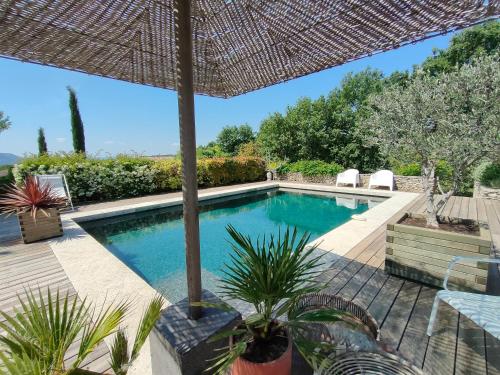 a swimming pool with an umbrella and some plants at Villa Cabrida in Cabrières-dʼAvignon