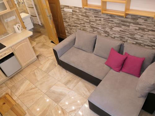 a living room with a couch with two pink pillows at Apartamenty u Łukasza in Zakopane