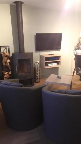 a living room with a fireplace and a tv at Terrasses de Malmedy - Duplex 455 in Malmedy