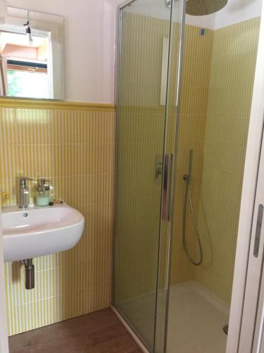 a bathroom with a sink and a shower at B&B Al Boschetto in Nemoli