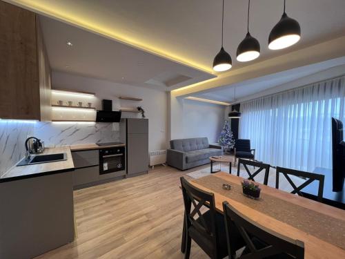 a kitchen and living room with a table and a couch at LAKEVIEW Hotel & Apartments in Mavrovo