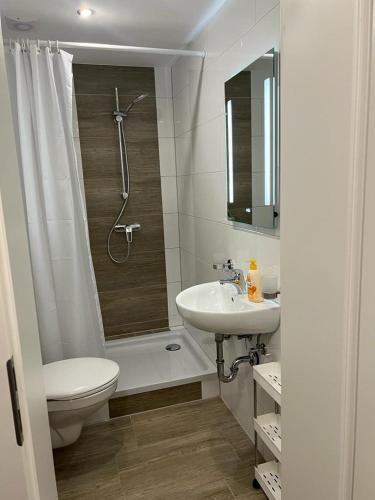 a bathroom with a toilet and a sink and a shower at Sleep & Living FeWo Forst in Forst