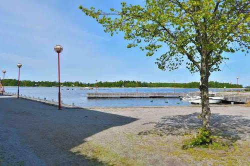 a tree next to a body of water with a dock at Spacious Apartment close to the sea with 2 patios in Pietarsaari