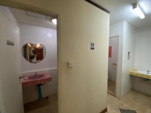 baño con lavabo rosa y espejo en Nearthepark Backpack Hostel 3 en Chiang Mai