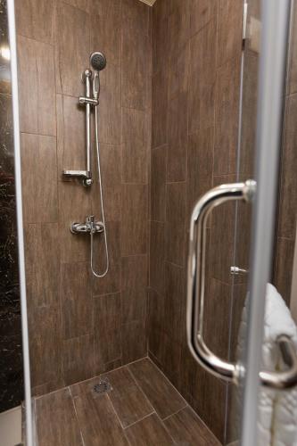 a bathroom with a shower with a glass door at Alaska Resort in Tsaghkadzor
