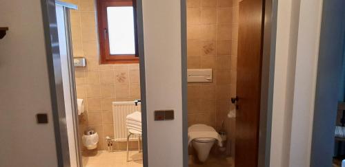 a small bathroom with a toilet and a window at Ferienhof Alte Post, Apartments in Weissbriach