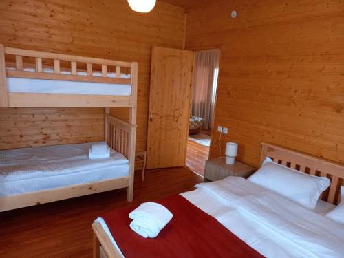 a bedroom with two bunk beds in a cabin at Wooden House Ashuri in Veltaurtkari